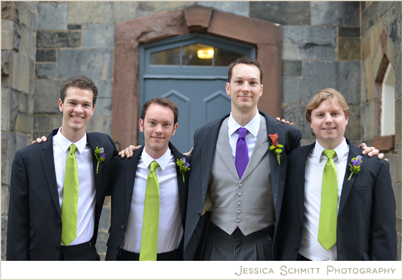 wedding-groomsmen-fall-georgetown-dc Groomsmen with green and purple ties