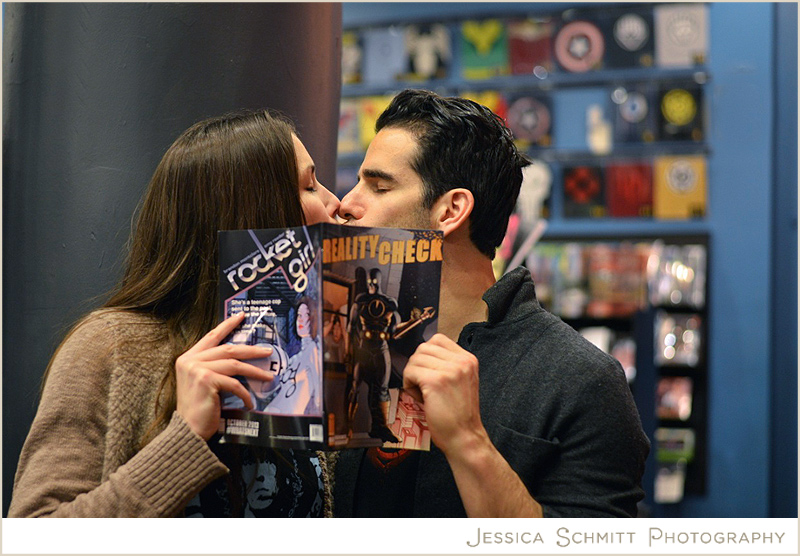 comic-books-forbidden-planet-nyc-engagament-photography Forbidden Planet comic book store engagement photography NYC