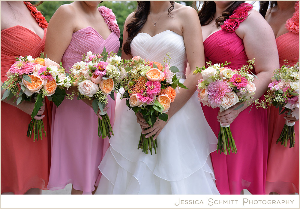 pink-orange-bridesmaids-bouquets Peach and rose bridesmaid dresses