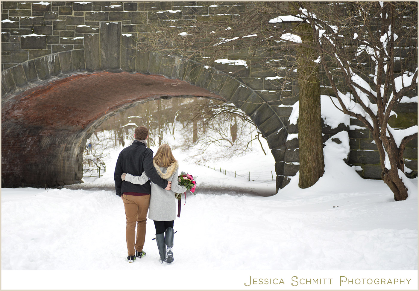 engagement photo winter snow central park