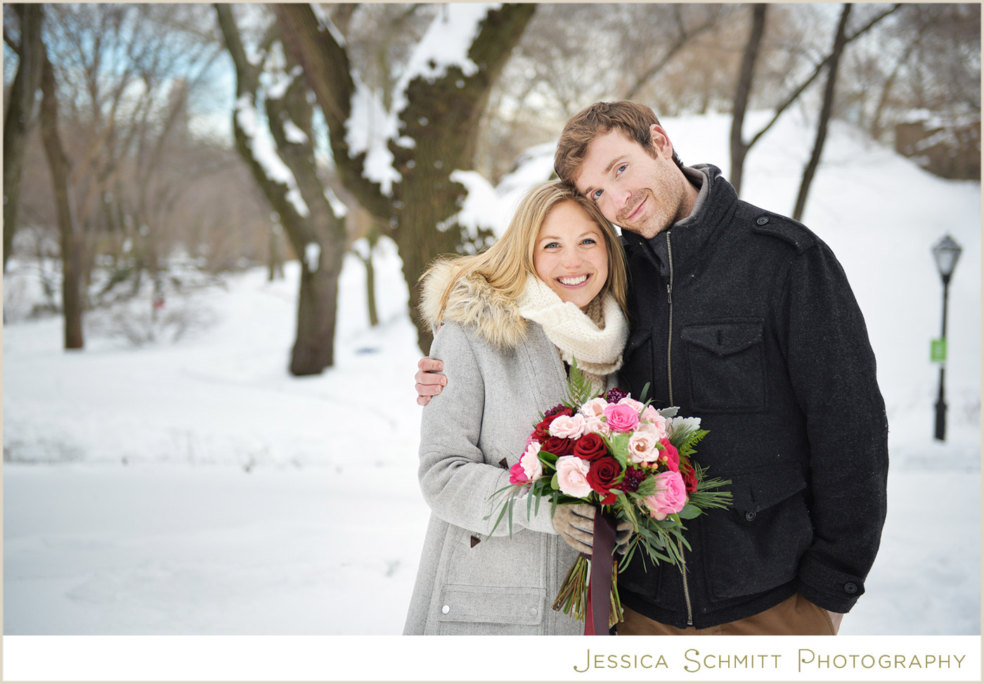 engagement photo winter snow central park