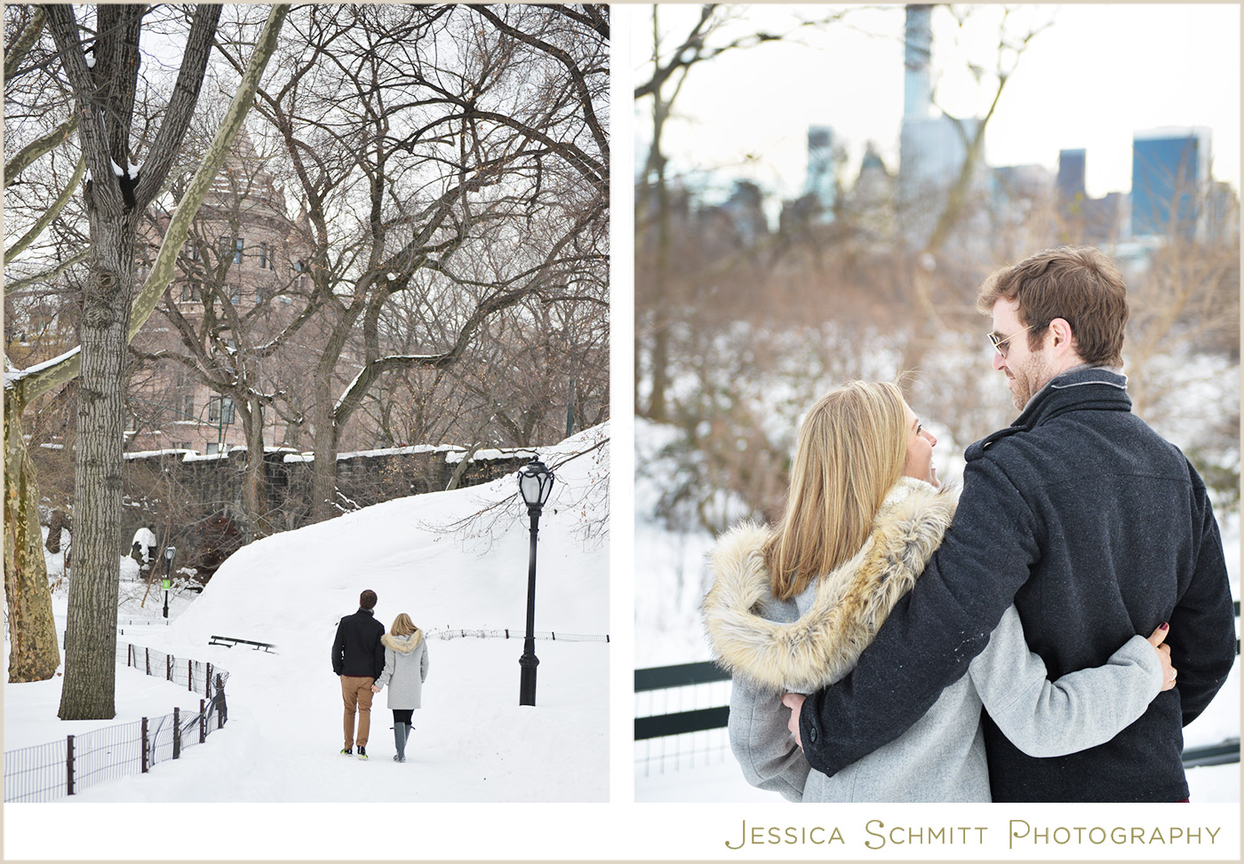 winter snow central park engagement