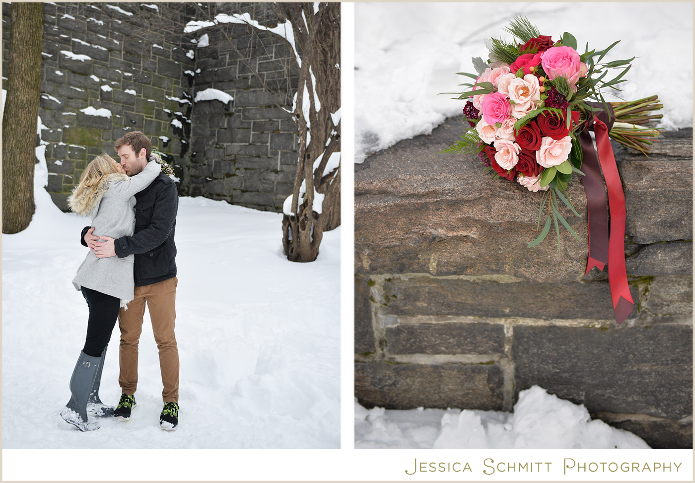winter snow central park engagement