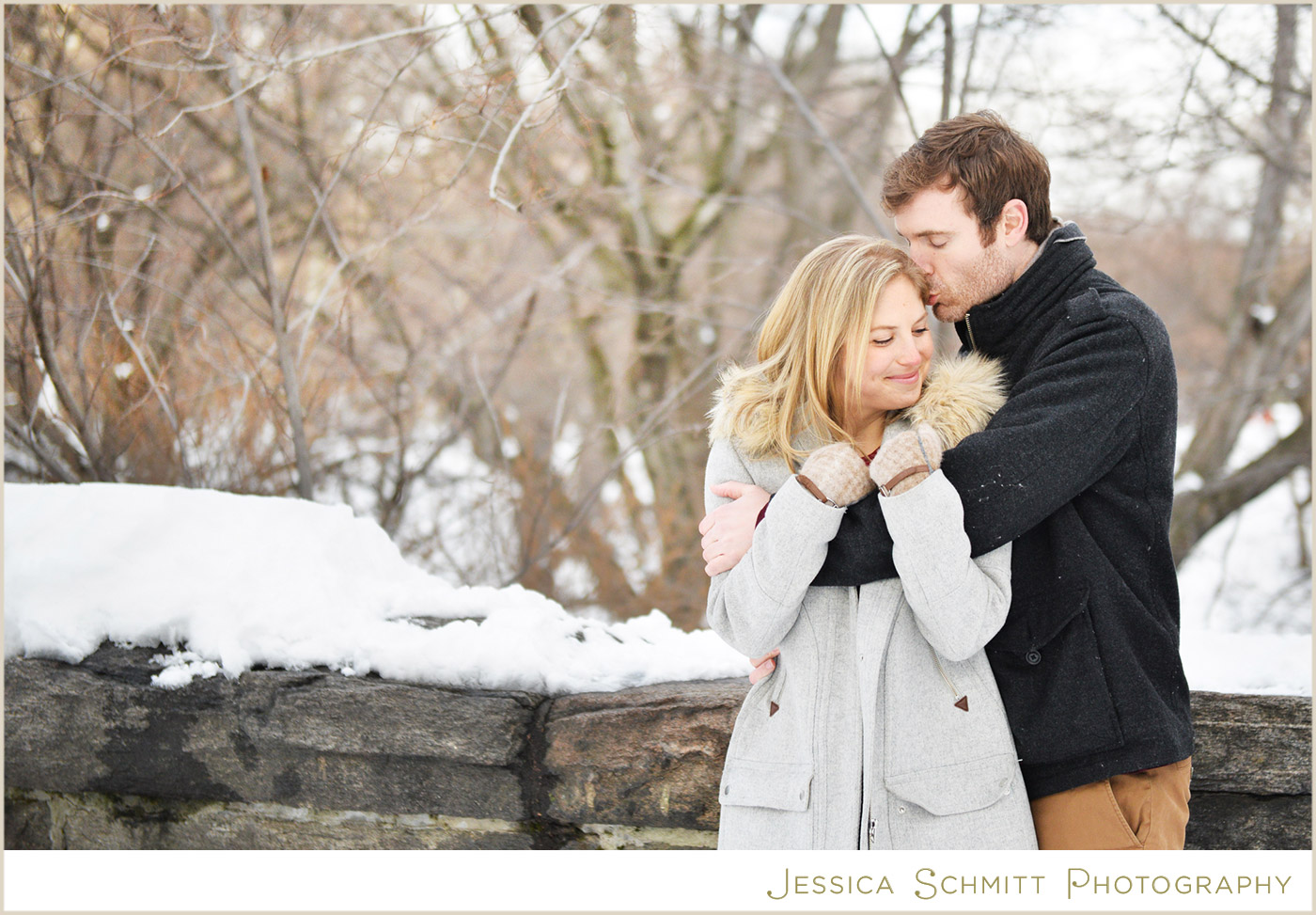 winter snow central park engagement