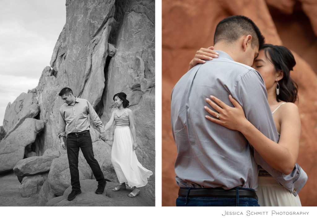 couple embracing at garden of the gods