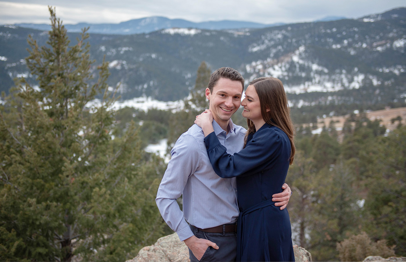 winter engagement photography in denver colorado, snowy mountain views